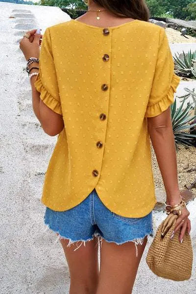 Swiss Dot Decorative Button Round Neck T-Shirt Women's T-Shirts - Tophatter Daily Deals