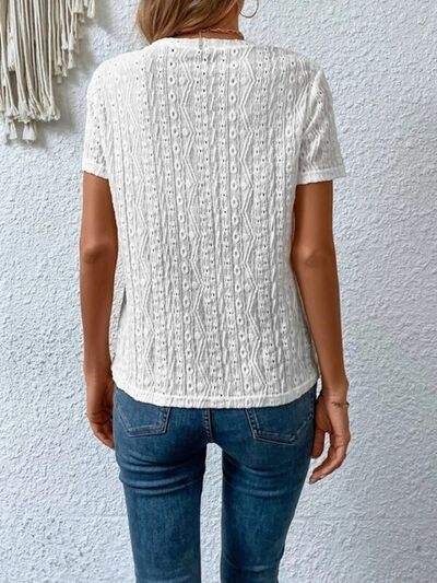 Eyelet Round Neck Short Sleeve T-Shirt Women's T-Shirts - Tophatter Daily Deals