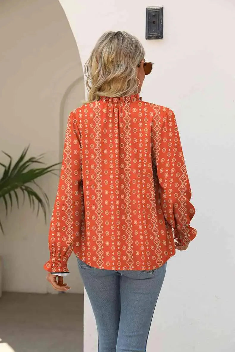 Printed Tie Neck Flounce Sleeve Blouse Blouses - Tophatter Daily Deals