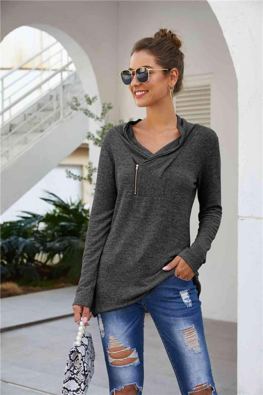 Zip Detail Long Sleeve Top Blouses - Tophatter Daily Deals