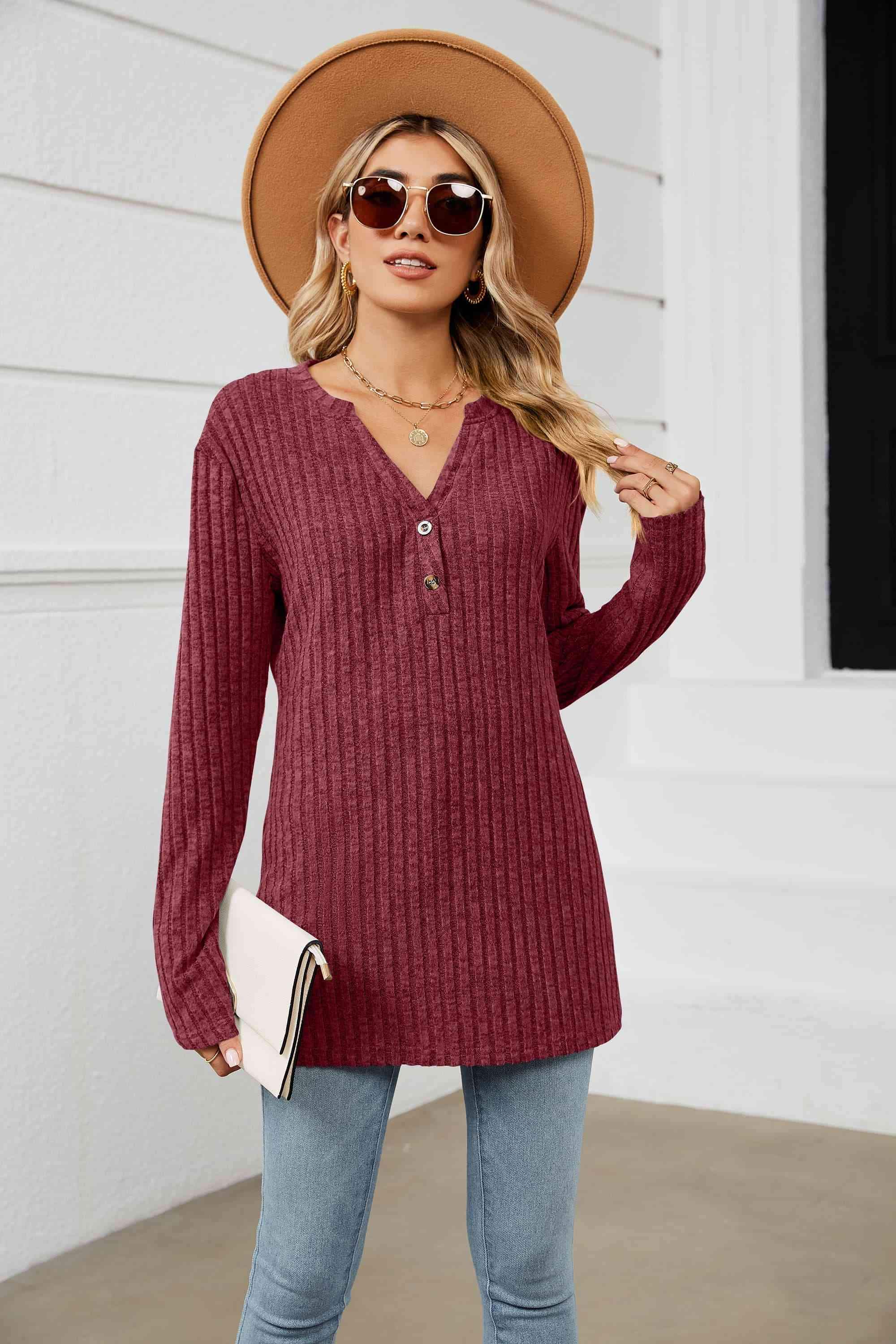 Notched Neck Ribbed Long Sleeve T-Shirt Cerise Women's T-Shirts - Tophatter Daily Deals