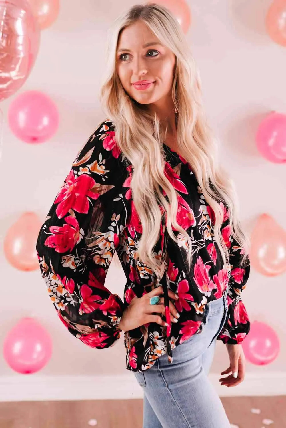 Floral V-Neck Balloon Sleeve Blouse Blouses - Tophatter Daily Deals