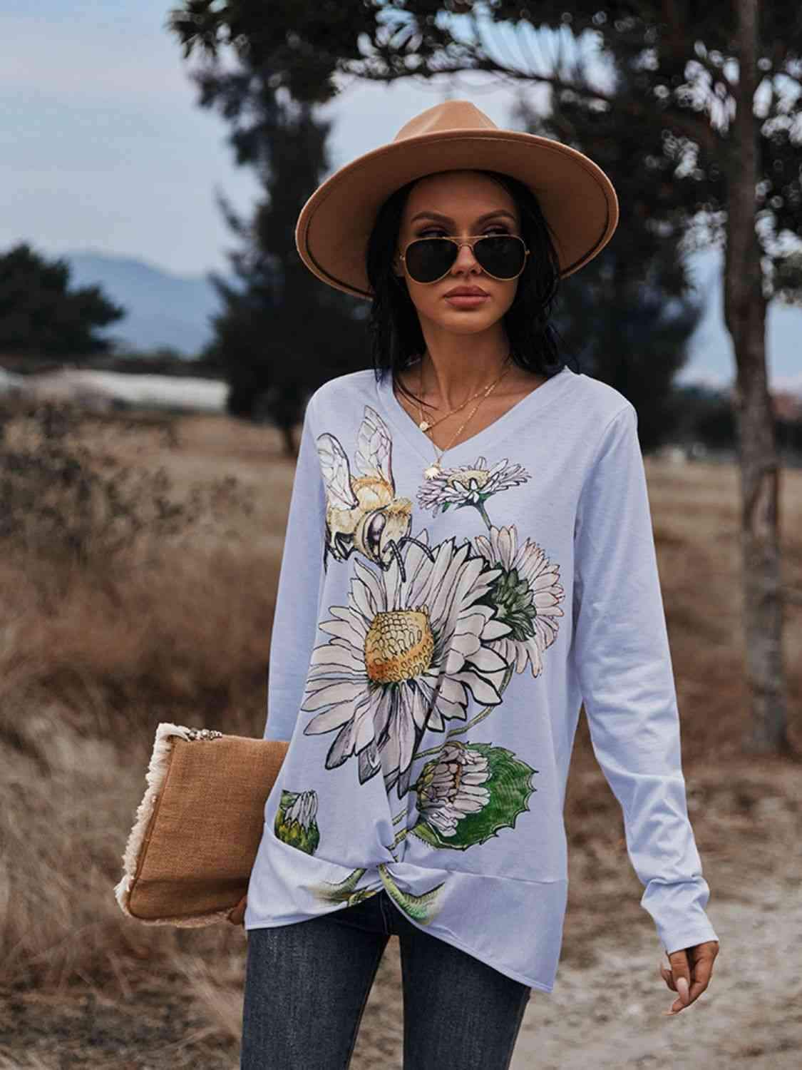 Floral Print Twisted V-Neck Long Sleeve Tee Misty Blue Women's T-Shirts - Tophatter Daily Deals