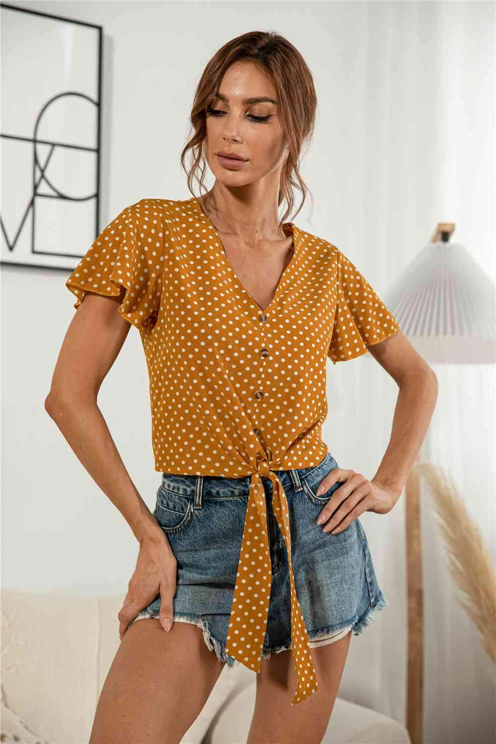 Decorative Button V-Neck Tied Blouse Blouses - Tophatter Daily Deals