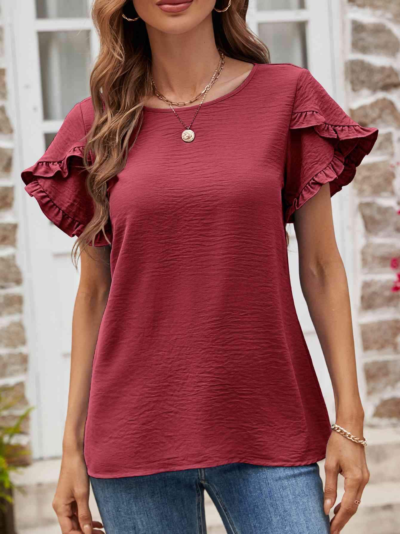 Textured Petal Sleeve Round Neck Tee Women's T-Shirts - Tophatter Daily Deals