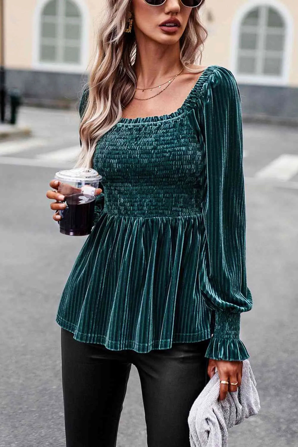 Smocked Square Neck Long Sleeve Blouse Teal Blouses - Tophatter Daily Deals