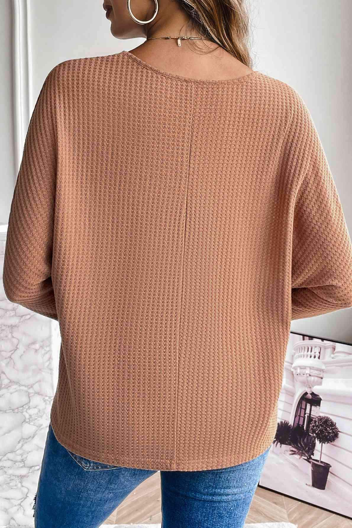 Waffle-Knit Round Neck Top Blouses - Tophatter Daily Deals