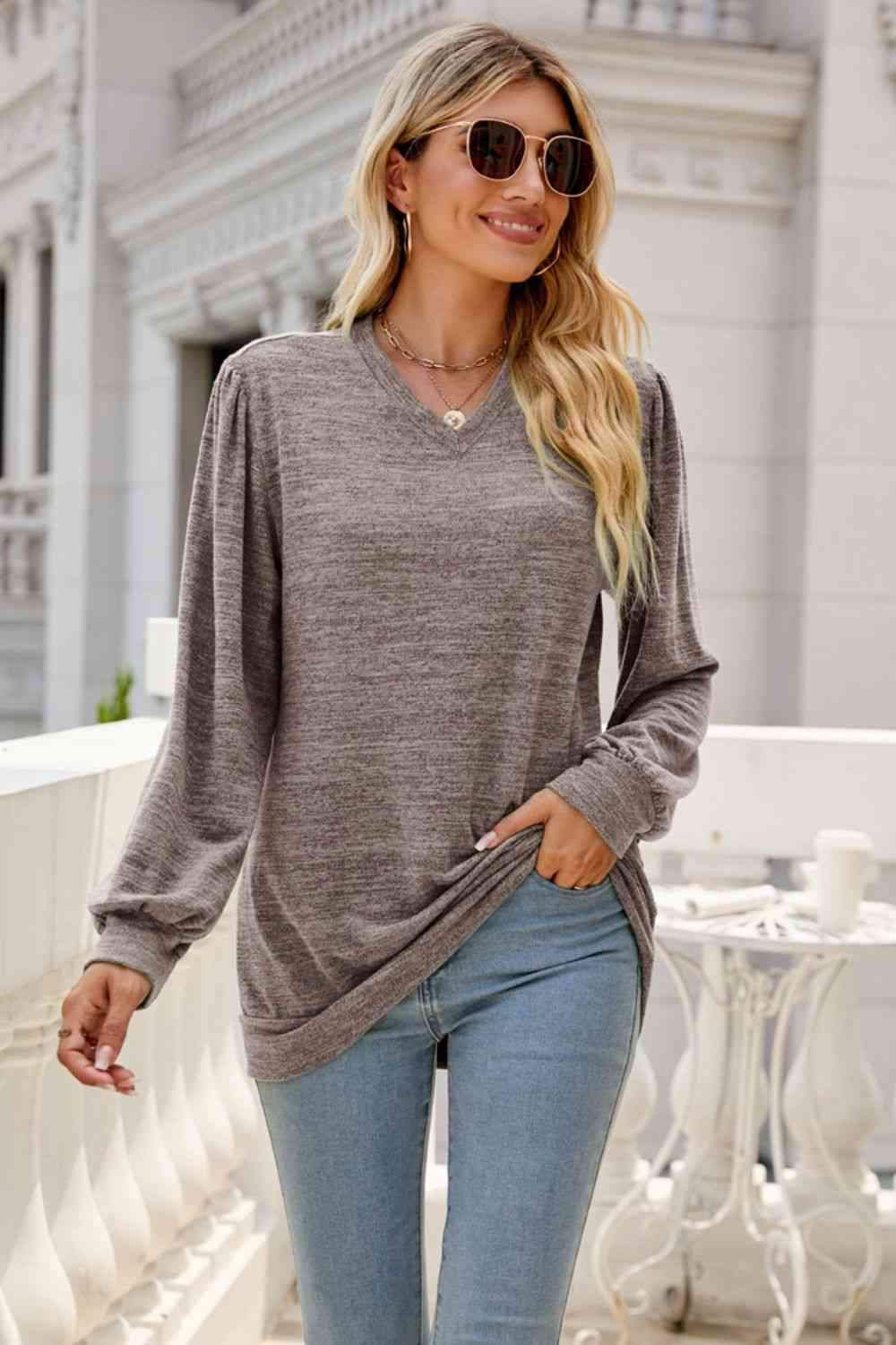 Long Puff Sleeve V-Neck Top Taupe Women's T-Shirts - Tophatter Daily Deals