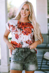 Floral Round Neck Short Sleeve Top White Blouses - Tophatter Daily Deals