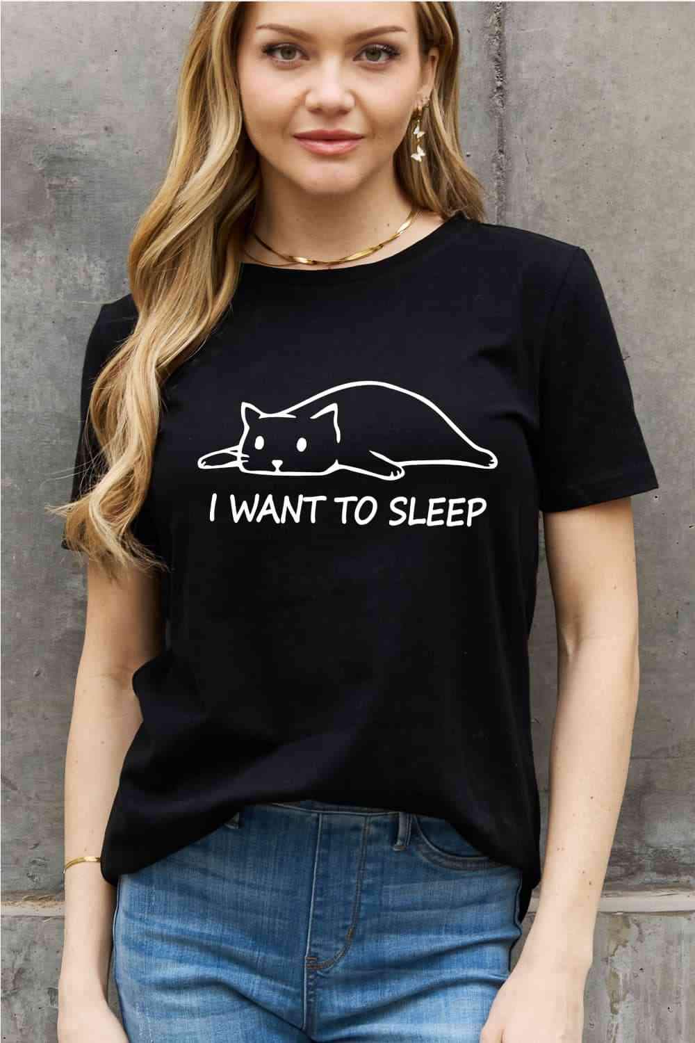 Simply Love Full Size I WANT TO SLEEP Graphic Cotton Tee Black Women's T-Shirts - Tophatter Daily Deals