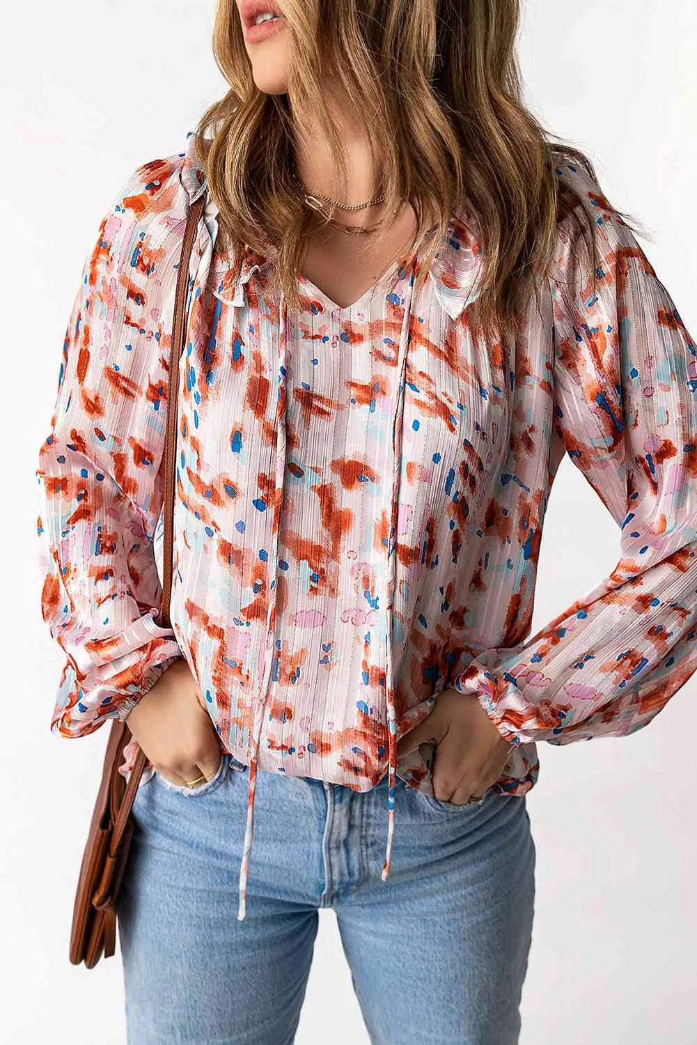 Printed Ruffled Balloon Sleeve Blouse Blouses - Tophatter Daily Deals