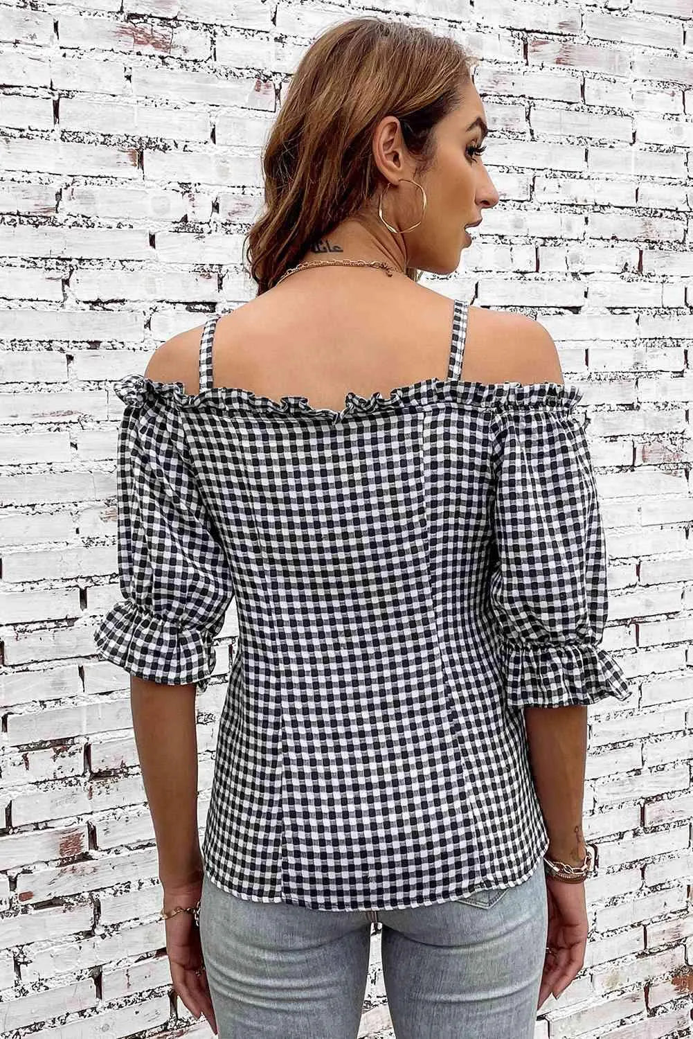 Plaid Buttoned Sweetheart Neck Cold-Shoulder Top Blouses - Tophatter Daily Deals