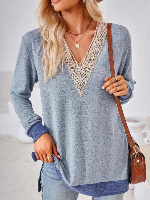 Crochet Contrast V-Neck Long Sleeve Slit T-Shirt Misty Blue Women's T-Shirts - Tophatter Daily Deals