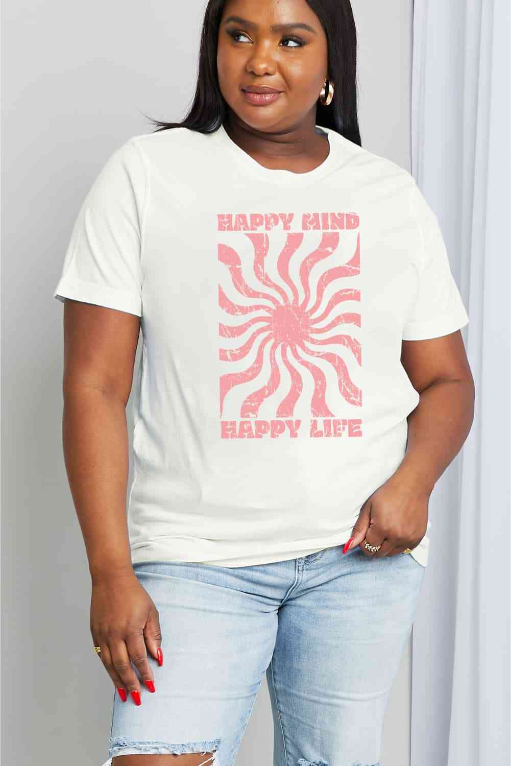 Simply Love Full Size HAPPY MIND HAPPY LIFE Graphic Cotton Tee Women's T-Shirts - Tophatter Daily Deals