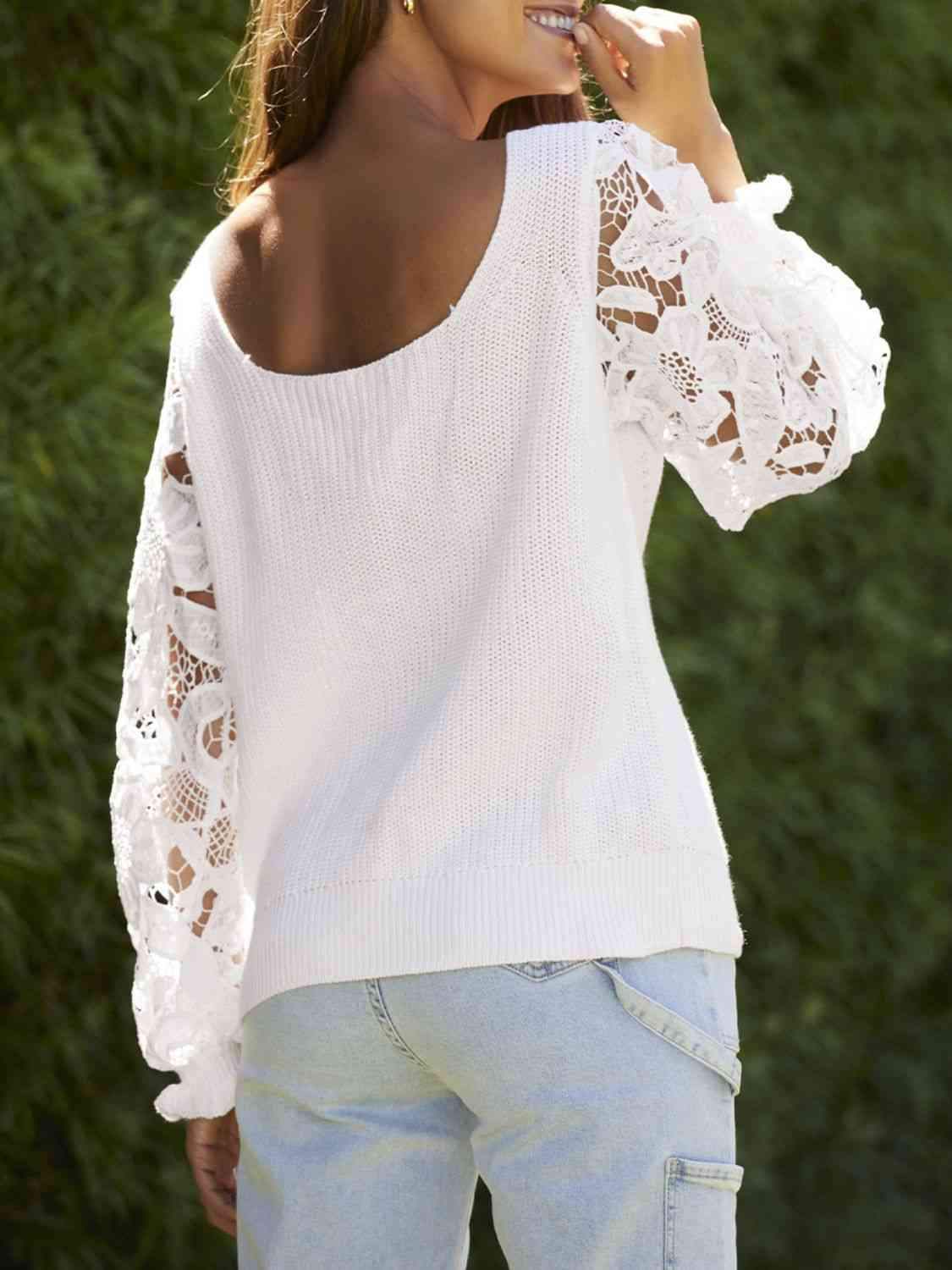 Ribbed Lace Trim Flounce Sleeve Knit Top Blouses - Tophatter Daily Deals