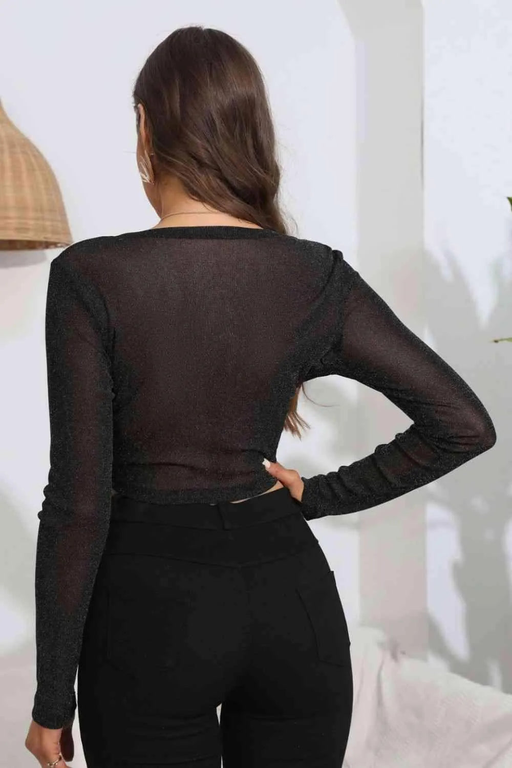 Tie Front Deep V Long Sleeve Crop Top Blouses - Tophatter Daily Deals