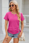 Eyelet Round Neck Short Sleeve T-Shirt Women's T-Shirts - Tophatter Daily Deals