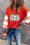 V-Neck Waffle-Knit Pumpkin Graphic Leopard Tee Blouses - Tophatter Daily Deals