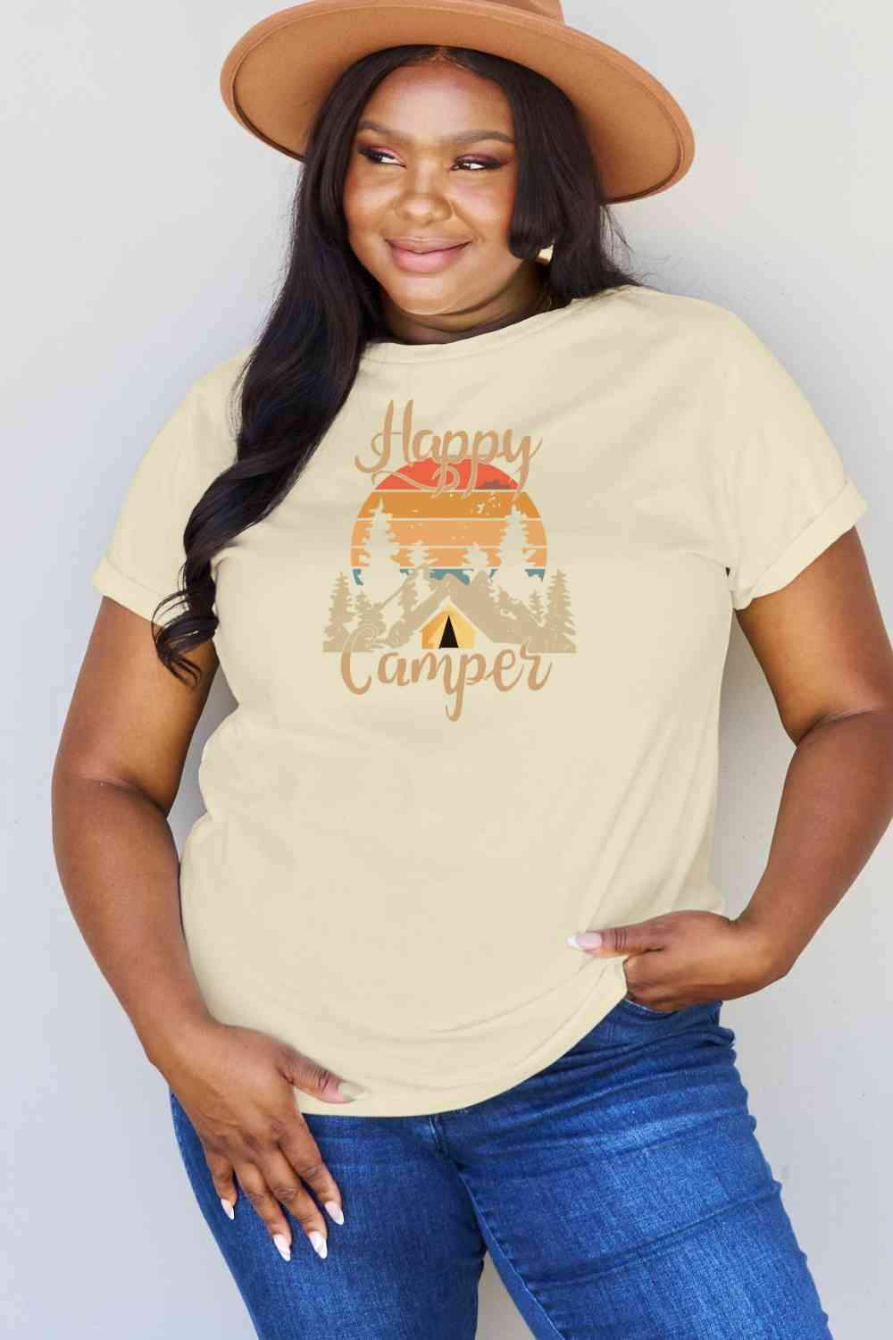 Simply Love Full Size HAPPY CAMPER Graphic T-Shirt Ivory Women's T-Shirts - Tophatter Daily Deals