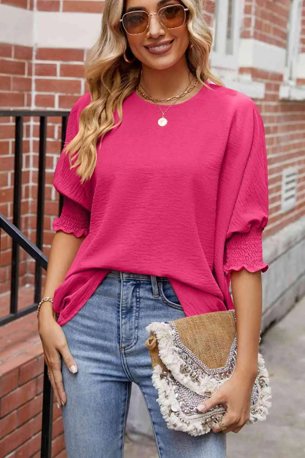 Round Neck Smocked Lantern Sleeve Blouse Blouses - Tophatter Daily Deals