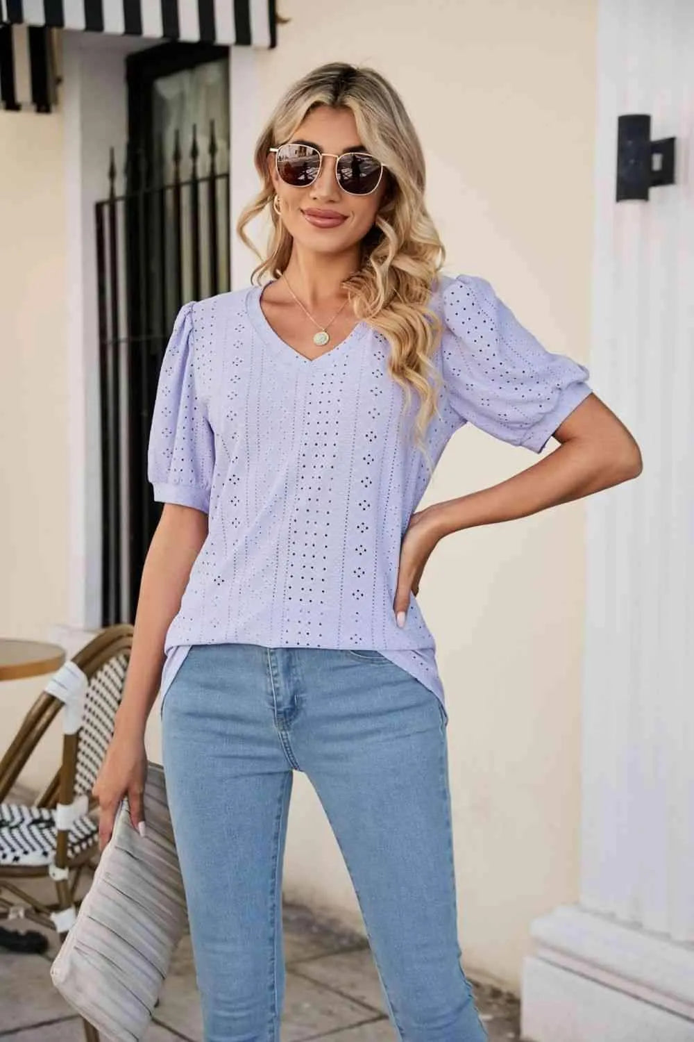 Eyelet Puff Sleeve V-Neck Top Lavender Blouses - Tophatter Daily Deals