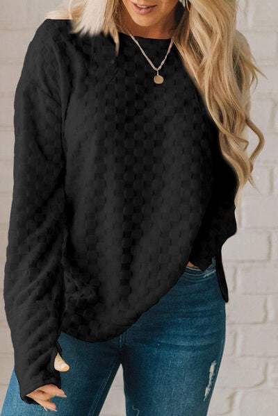 Checkered Round Neck Long Sleeve T-Shirt Black Women's T-Shirts - Tophatter Daily Deals