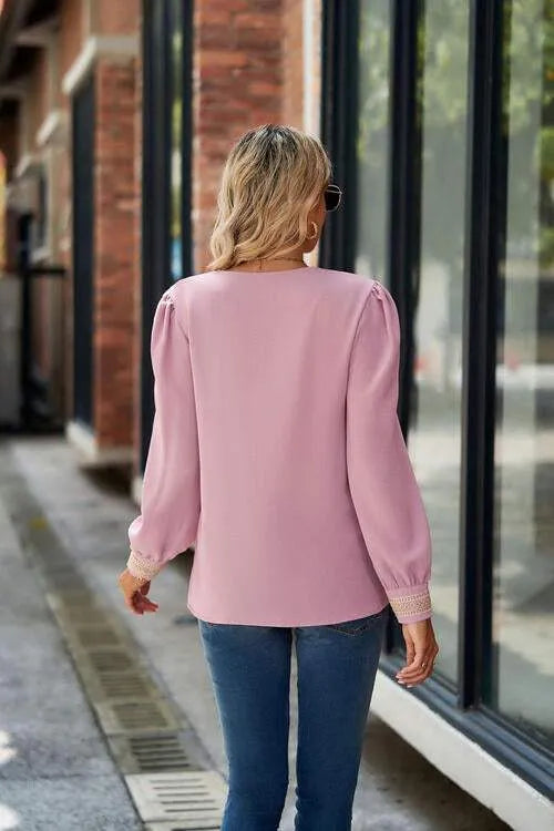 V-Neck Lace Detail Long Sleeve Top Women's T-Shirts - Tophatter Daily Deals
