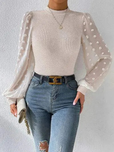 Swiss Dot Waffle-Knit Lantern Sleeve T-Shirt Sand Women's T-Shirts - Tophatter Daily Deals