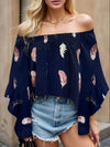 Feather Print Smocked Off-Shoulder Blouse Navy Blouses - Tophatter Daily Deals