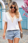 Contrast Trim Short Sleeve Plunge Blouse White Blouses - Tophatter Daily Deals