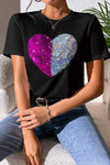 Heart Sequin Round Neck Short Sleeve T-Shirt Women's T-Shirts - Tophatter Daily Deals