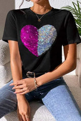 Heart Sequin Round Neck Short Sleeve T-Shirt Women's T-Shirts - Tophatter Daily Deals