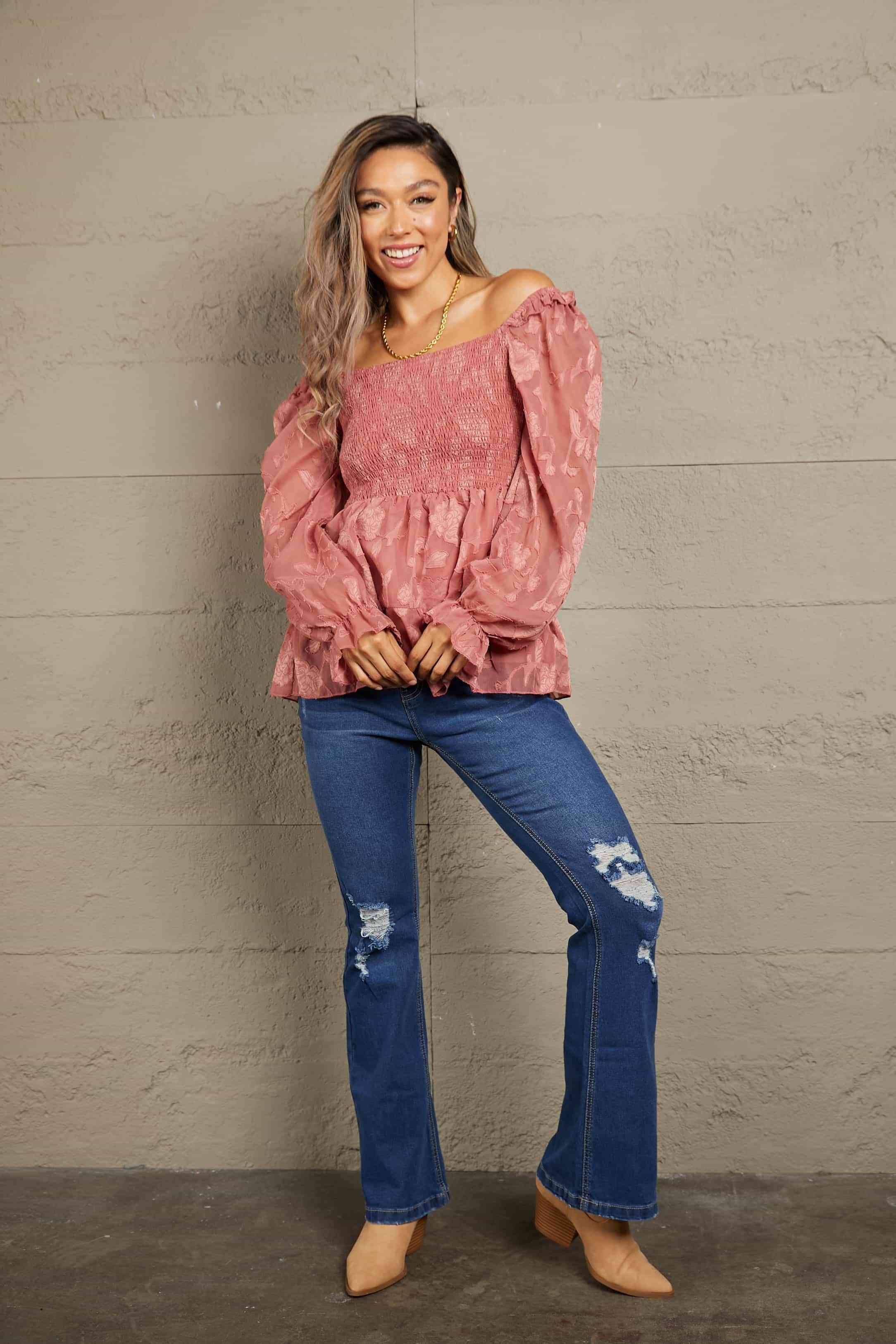 Double Take Smocked Square Neck Flounce Sleeve Blouse Blouses - Tophatter Daily Deals