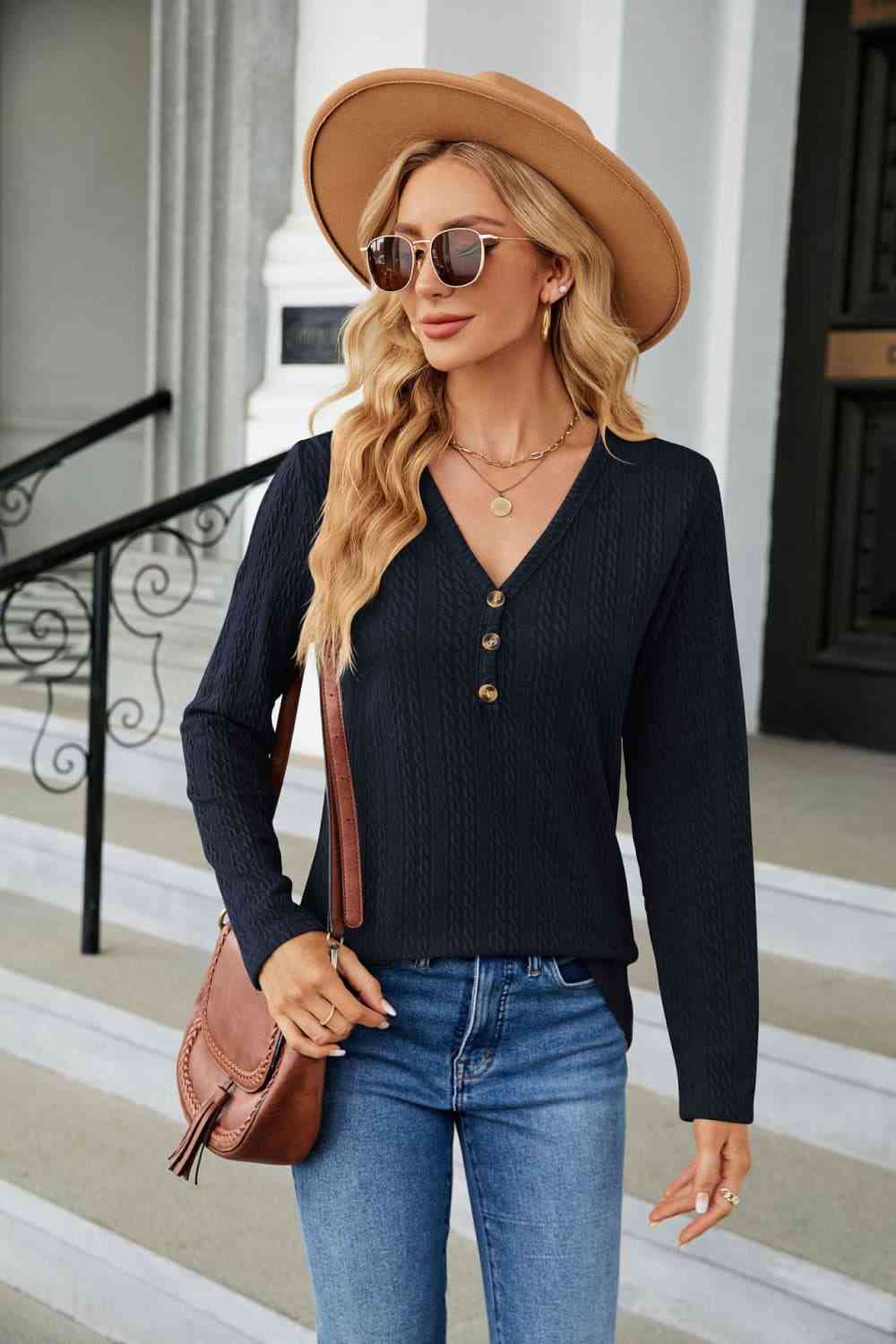 Cable-Knit Long Sleeve V-Neck T-Shirt Navy Women's T-Shirts - Tophatter Daily Deals