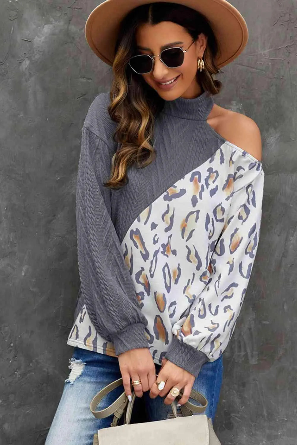 Leopard Color Block Cold Shoulder Turtleneck Top Blouses - Tophatter Daily Deals