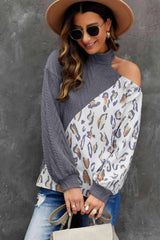 Leopard Color Block Cold Shoulder Turtleneck Top Blouses - Tophatter Daily Deals