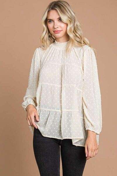 Culture Code Full Size Swiss Dot Smocked Mock Neck Blouse IVORY CREAM Blouses - Tophatter Daily Deals