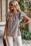 Floral Round Neck Flutter Sleeve Blouse Heather Gray Blouses - Tophatter Daily Deals