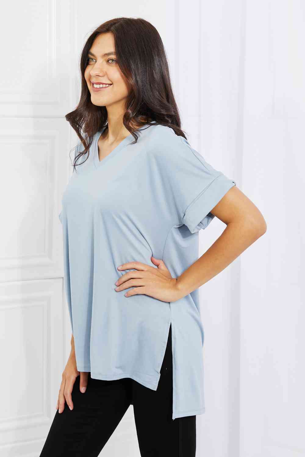 Zenana Simply Comfy Full Size V-Neck Loose Fit T-Shirt in Blue Women's T-Shirts - Tophatter Daily Deals