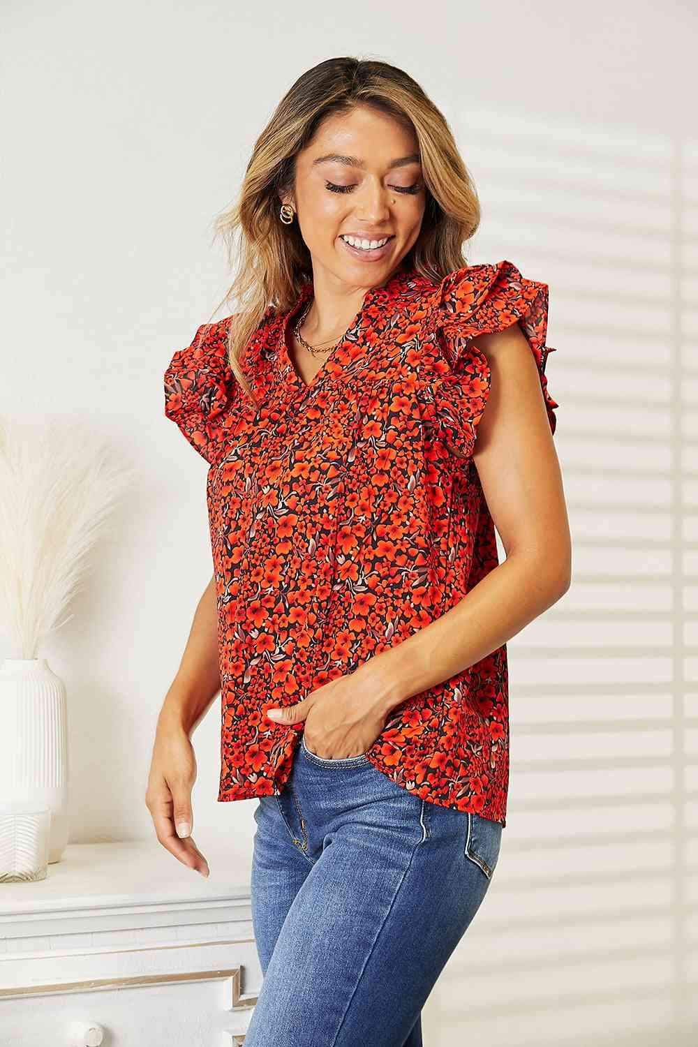 Double Take Floral Flutter Sleeve Notched Neck Blouse Blouses - Tophatter Daily Deals