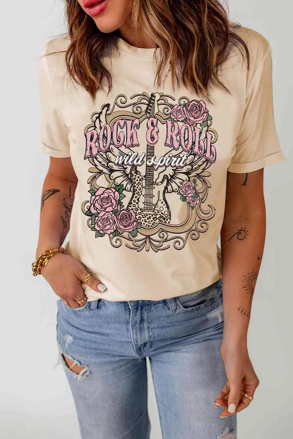 ROCK & ROLL Graphic Cuffed Short Sleeve Tee Khaki Women's T-Shirts - Tophatter Daily Deals