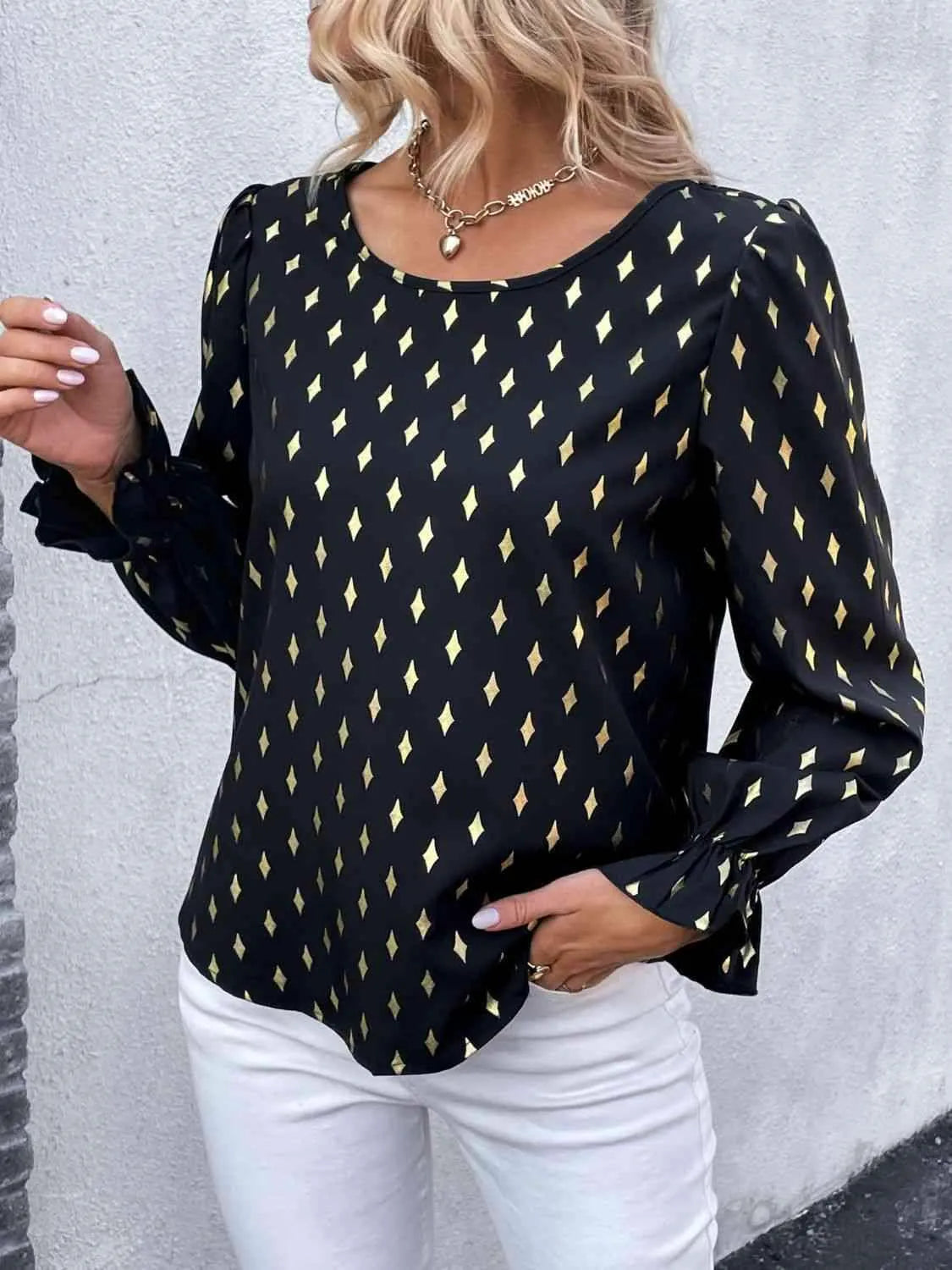 Double Take Printed Round Neck Flounce Sleeve Blouse Blouses - Tophatter Daily Deals