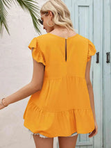 Round Neck Flutter Sleeve Tiered Blouse Blouses - Tophatter Daily Deals