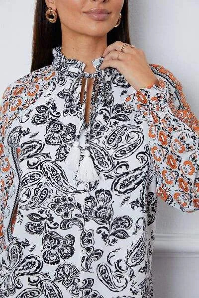 Tassel Tie Neck Printed Smocked Long Sleeve Blouse Blouses - Tophatter Daily Deals