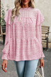 Printed Round Neck Flounce Sleeve Blouse Blush Pink Blouses - Tophatter Daily Deals