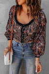 Printed Buttoned Balloon Sleeve Cropped Blouse Multicolor Blouses - Tophatter Daily Deals