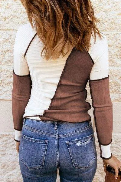 Color Block Round Neck Long Sleeve T-Shirt Women's T-Shirts - Tophatter Daily Deals