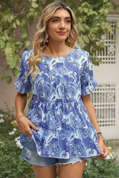 Floral Round Neck Short Sleeve T-Shirt Ultra marine Women's T-Shirts - Tophatter Daily Deals