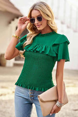 Smocked Tie Back Flutter Sleeve Blouse Forest Blouses - Tophatter Daily Deals