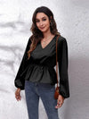 V-Neck Balloon Sleeve Peplum Blouse Black Blouses - Tophatter Daily Deals